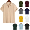 Casual Loose Knitted Short Sleeve Men Shirt Polo Collar Design Polyester Fabric Office Business Solid Color And Plaid - front view