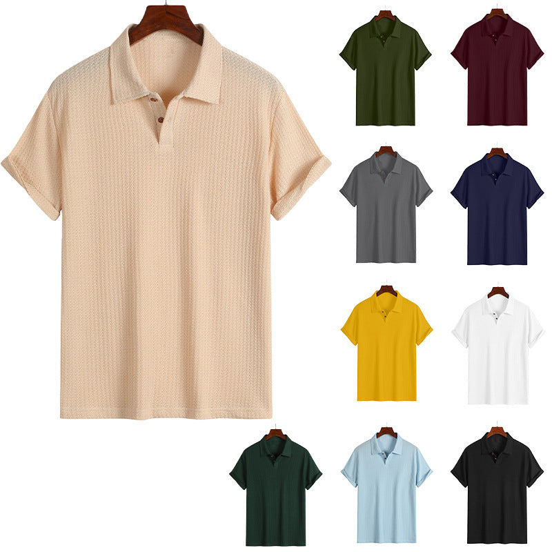 Casual Loose Knitted Short Sleeve Men Shirt Polo Collar Design Polyester Fabric Office Business Solid Color And Plaid - front view