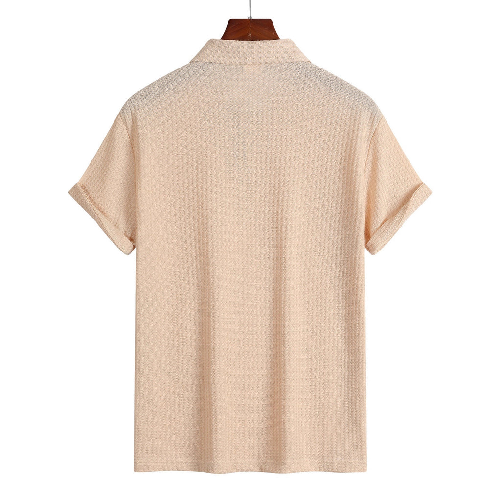 Casual Loose Knitted Short Sleeve Men Shirt Polo Collar Design Polyester Fabric Office Business Solid Color And Plaid - view 2