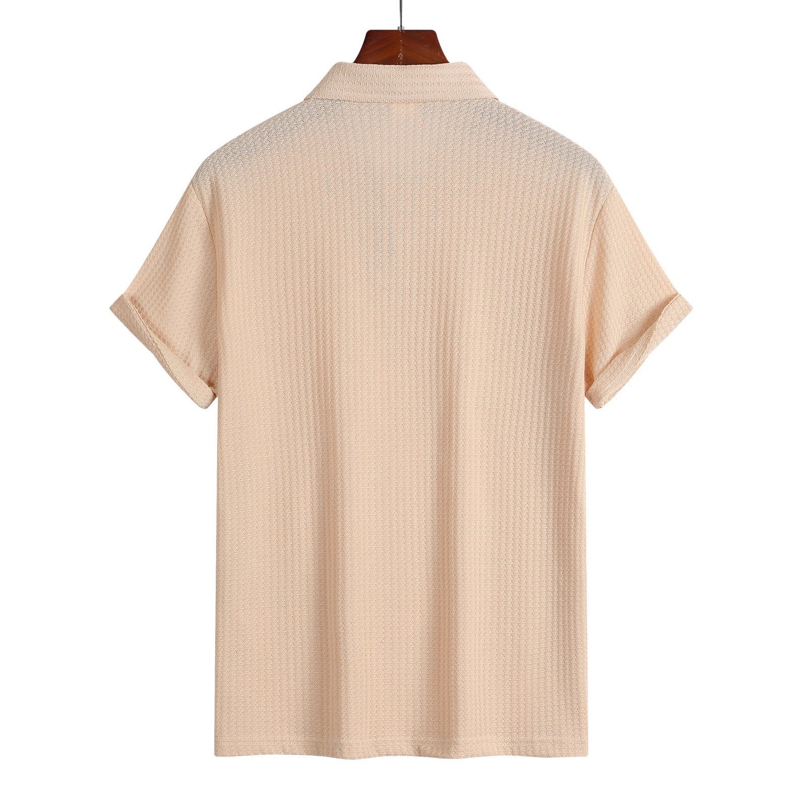 Casual Loose Knitted Short Sleeve Men Shirt Polo Collar Design Polyester Fabric Office Business Solid Color And Plaid - view 2