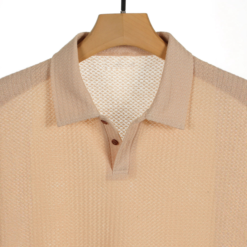 Casual Loose Knitted Short Sleeve Men Shirt Polo Collar Design Polyester Fabric Office Business Solid Color And Plaid - view 3