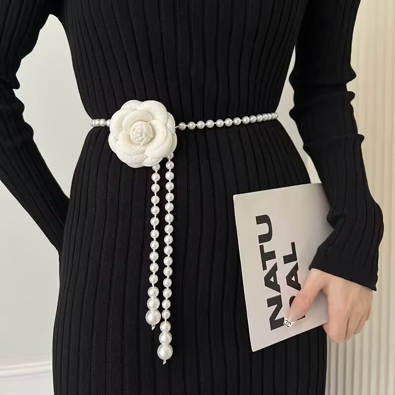 Rose Pearl Waist Chain Accessory French Style Women's Dress Decoration Slimming Belt - front view