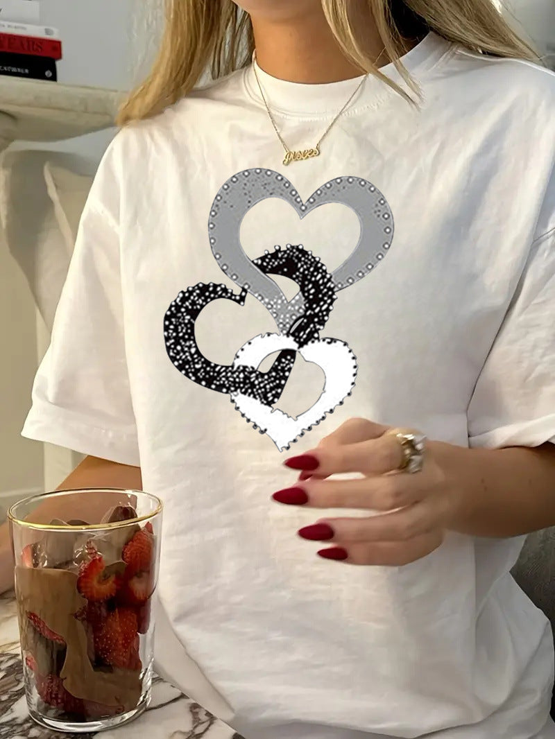 Valentine's Day Couple Cotton T-shirt Short Sleeve 3D Printed Round Neck Shrimp Pattern Grid Women's Top - view 2