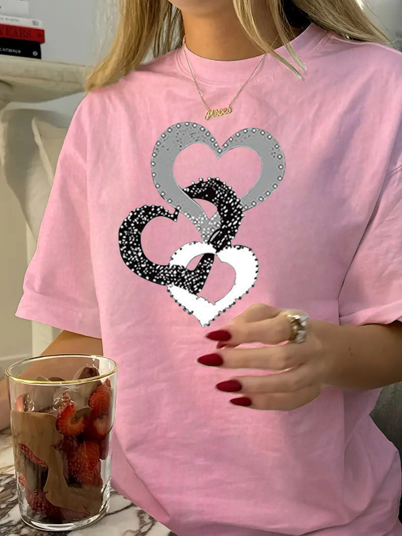 Valentine's Day Couple Cotton T-shirt Short Sleeve 3D Printed Round Neck Shrimp Pattern Grid Women's Top - view 3