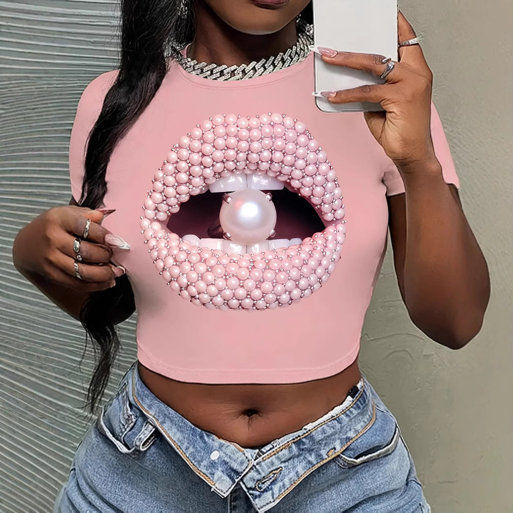Lip Design T-Shirt Round Neck Short Sleeve Crop Top Street Style Spring Summer Women's Top - front view