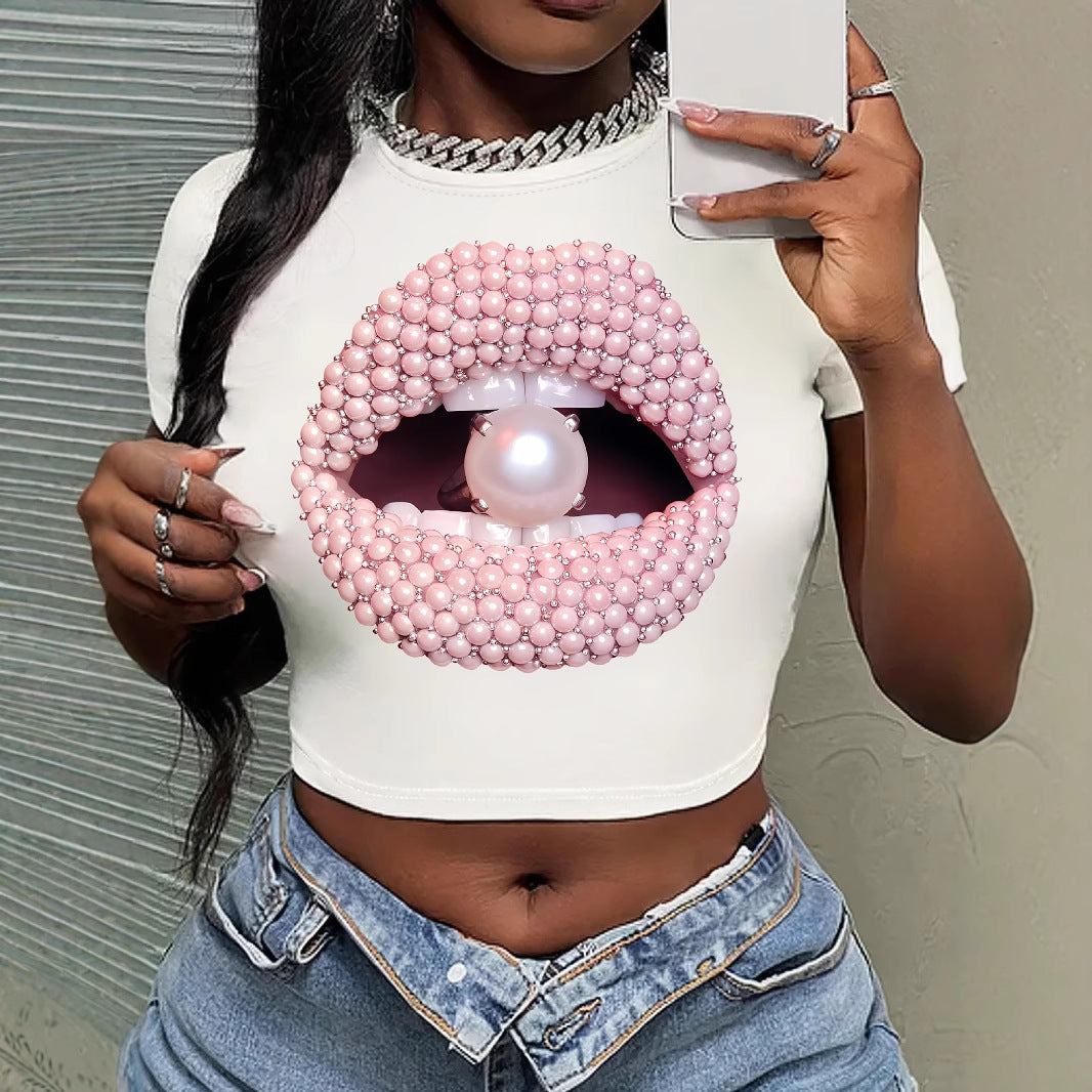 Lip Design T-Shirt Round Neck Short Sleeve Crop Top Street Style Spring Summer Women's Top - view 2