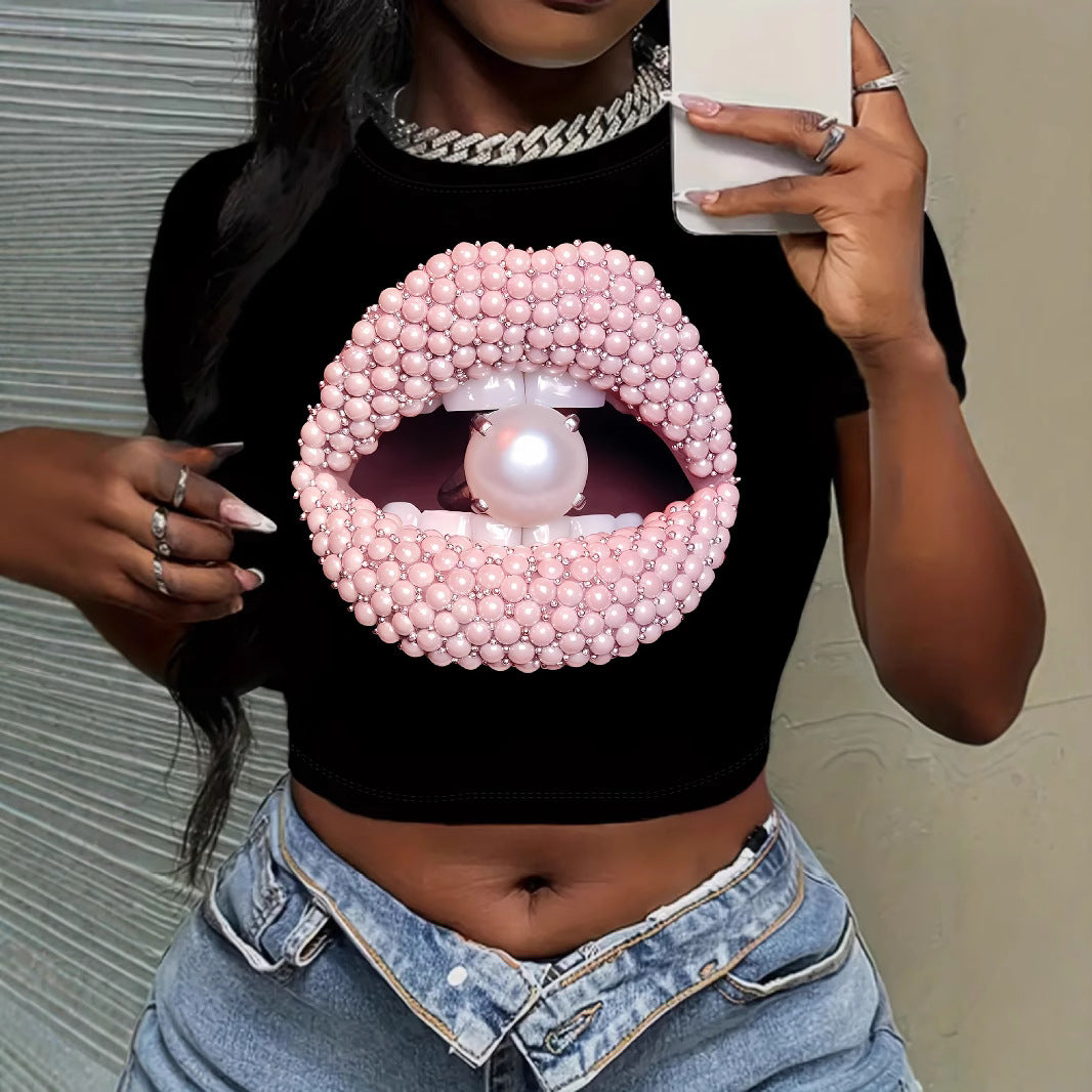 Lip Design T-Shirt Round Neck Short Sleeve Crop Top Street Style Spring Summer Women's Top - view 3