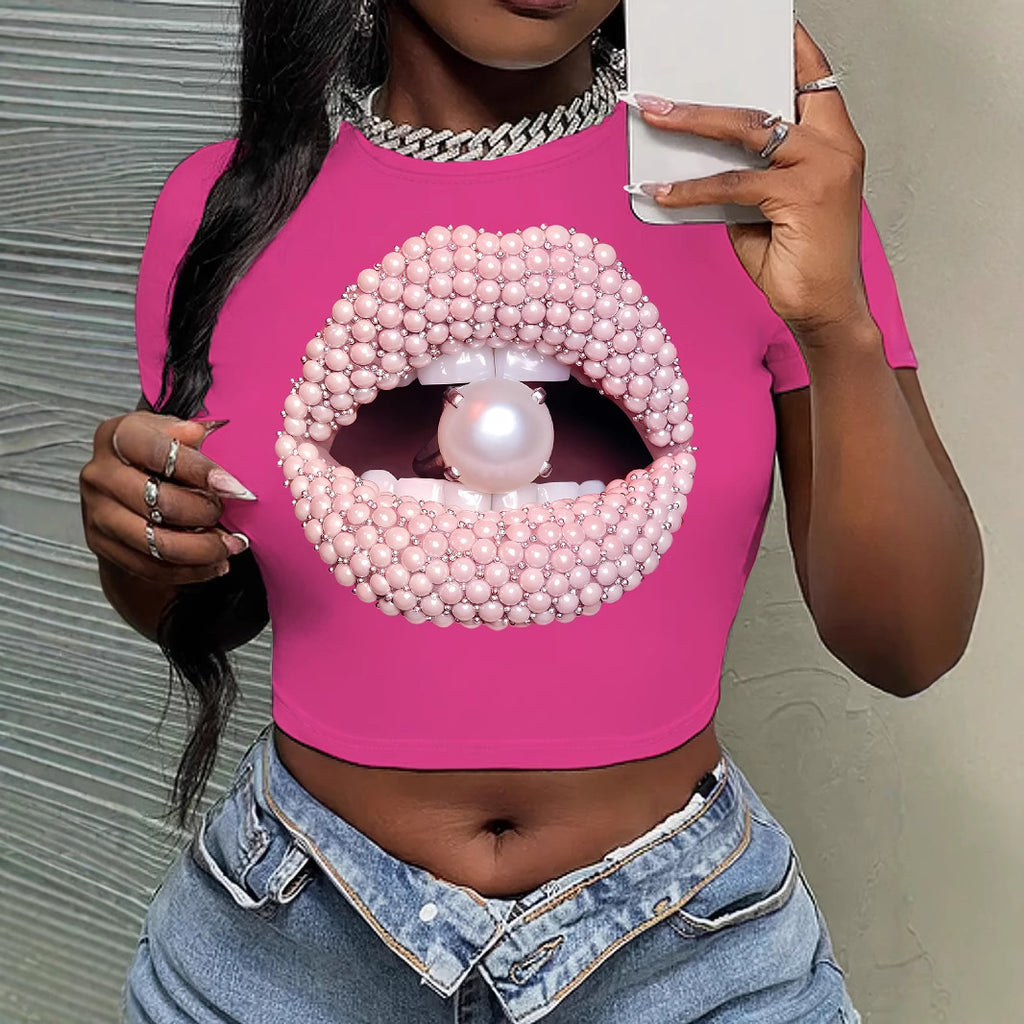 Lip Design T-Shirt Round Neck Short Sleeve Crop Top Street Style Spring Summer Women's Top - view 4