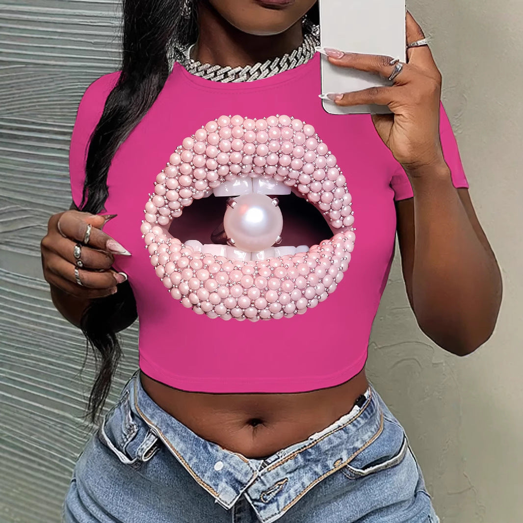 Lip Design T-Shirt Round Neck Short Sleeve Crop Top Street Style Spring Summer Women's Top - view 4