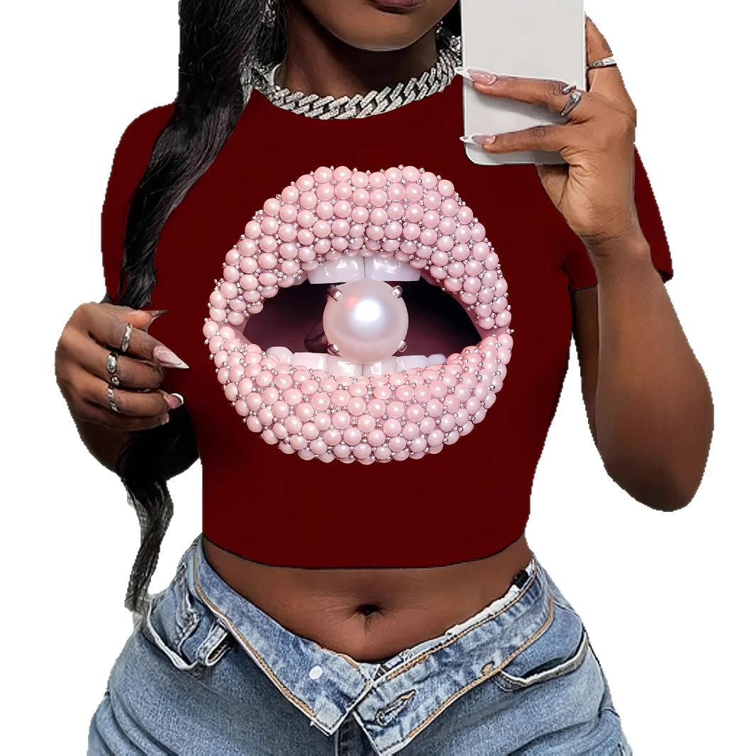 Lip Design T-Shirt Round Neck Short Sleeve Crop Top Street Style Spring Summer Women's Top - view 5