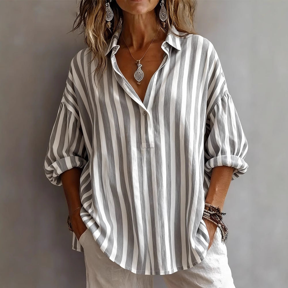 Casual Loose Women's Long Sleeve Shirt Spring Casual Striped Button Women's Top Polyester Fabric - view 2
