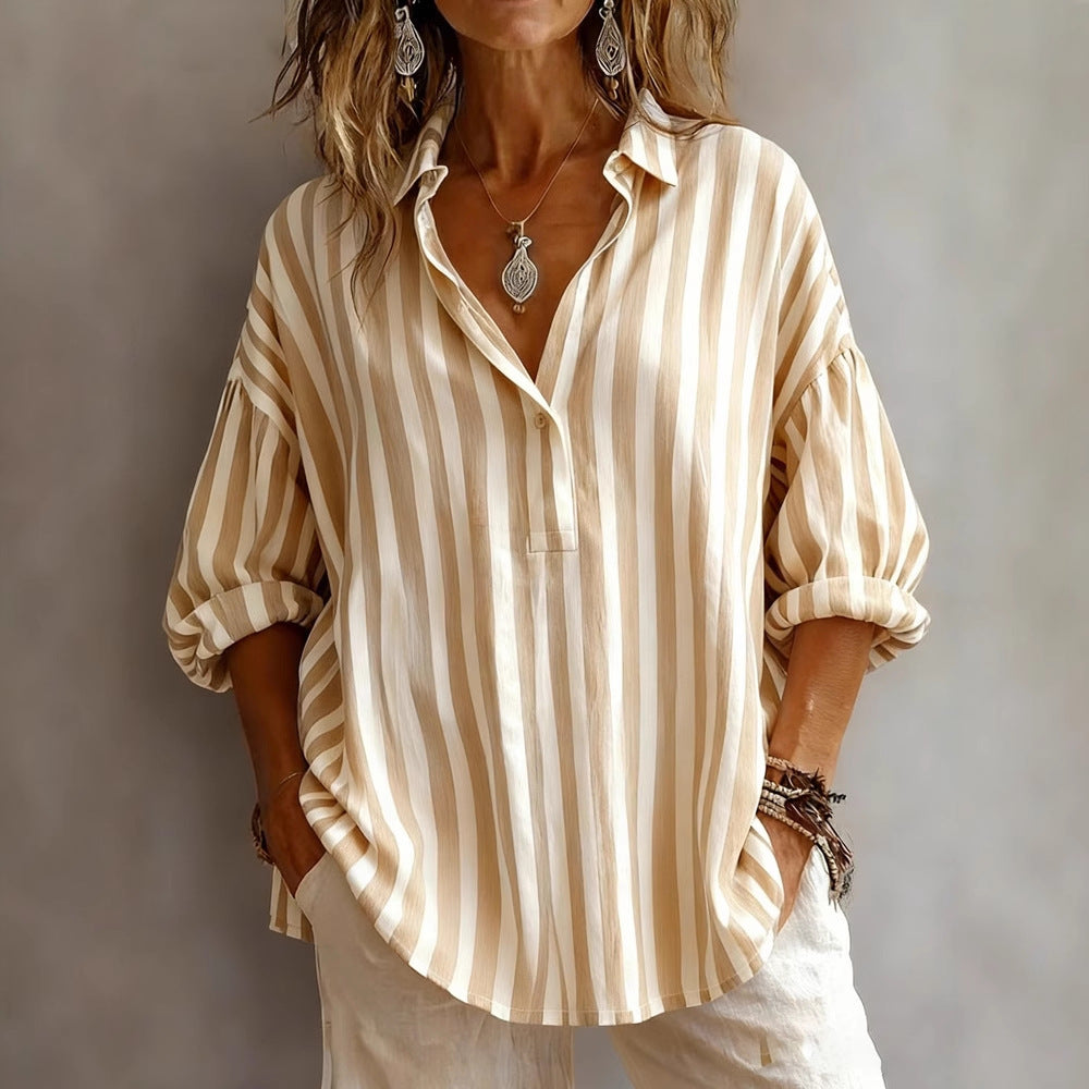 Casual Loose Women's Long Sleeve Shirt Spring Casual Striped Button Women's Top Polyester Fabric - view 3