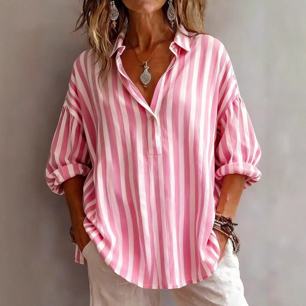Casual Loose Women's Long Sleeve Shirt Spring Casual Striped Button Women's Top Polyester Fabric - view 4