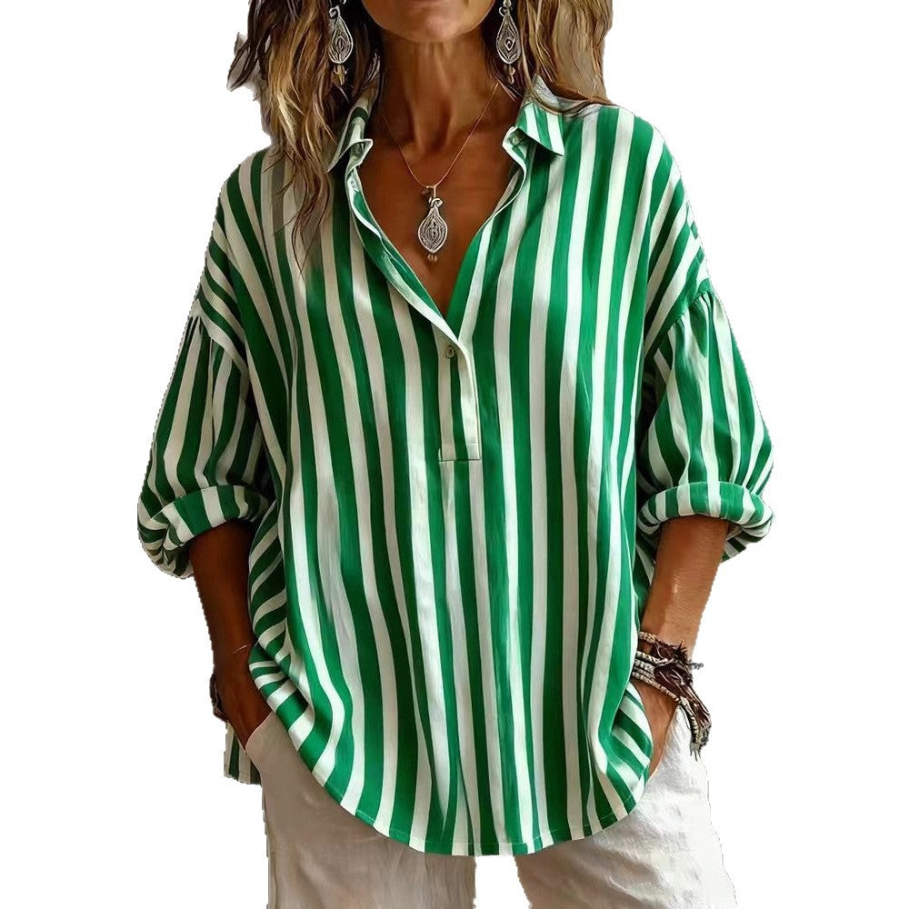 Casual Loose Women's Long Sleeve Shirt Spring Casual Striped Button Women's Top Polyester Fabric - view 5