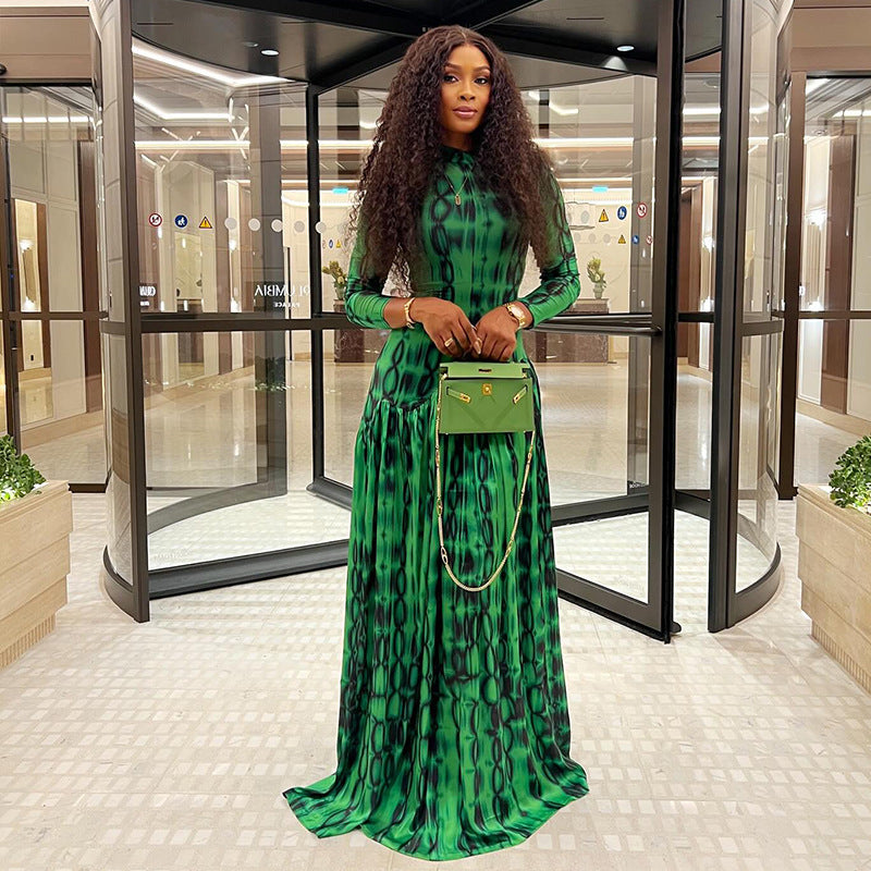 Vintage Women's Dress A-line Dress High Neck Long Sleeve Printed Waist-cinching Long Dress - view 2
