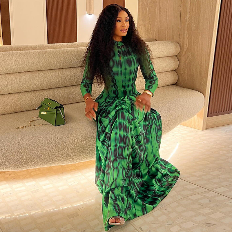 Vintage Women's Dress A-line Dress High Neck Long Sleeve Printed Waist-cinching Long Dress - view 3