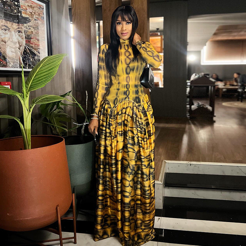 Vintage Women's Dress A-line Dress High Neck Long Sleeve Printed Waist-cinching Long Dress - view 4