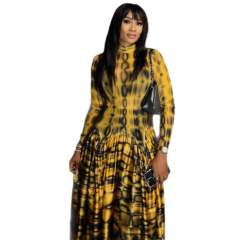 Vintage Women's Dress A-line Dress High Neck Long Sleeve Printed Waist-cinching Long Dress - view 5