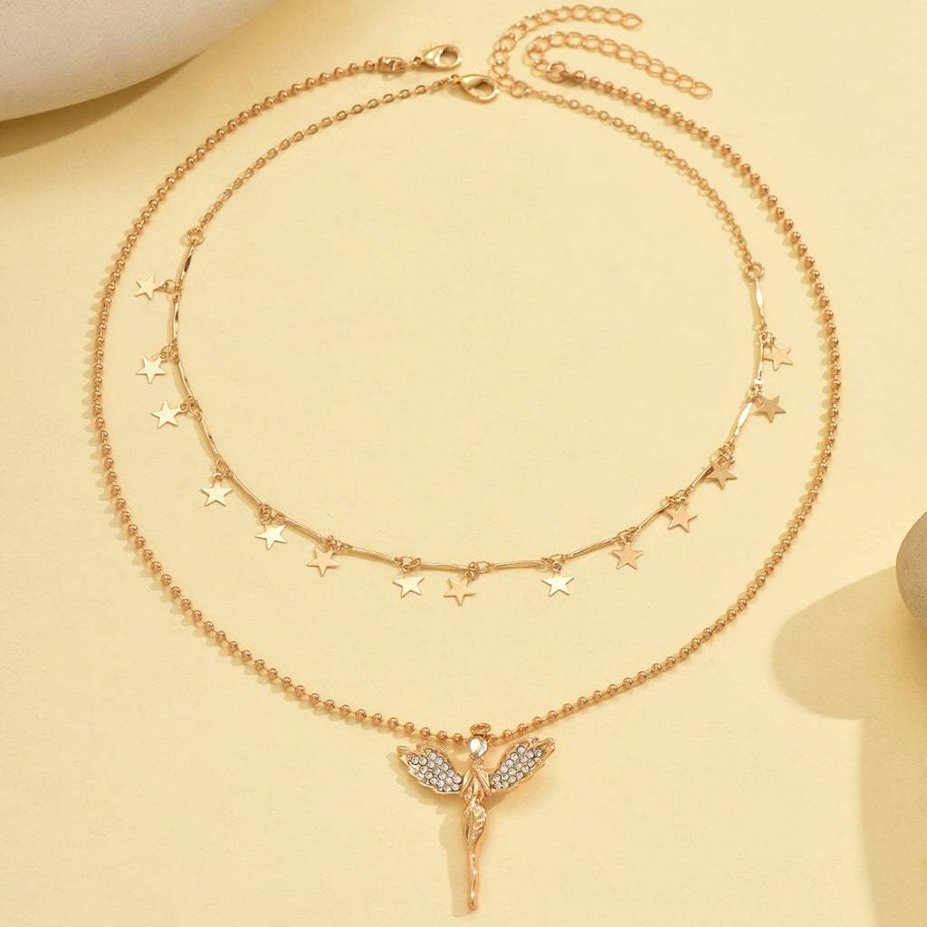 2 Pieces A Set Of Minimalist Star Tassel Gold Necklace Metal Sense Alloy Angel Pendant Necklace For Women - view 5