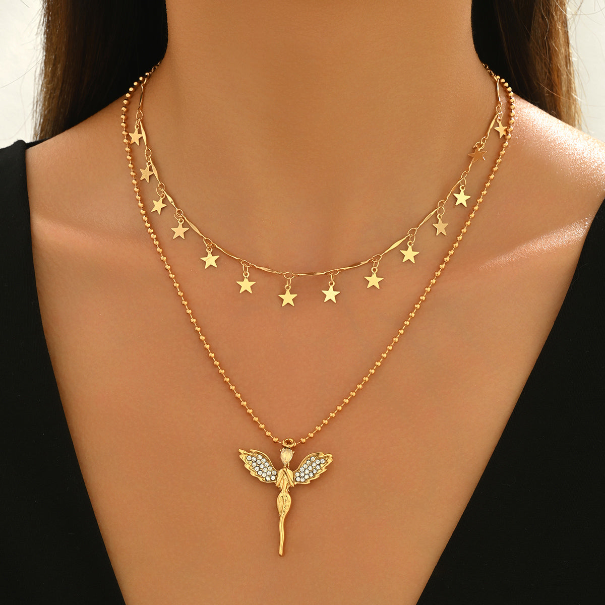 2 Pieces A Set Of Minimalist Star Tassel Gold Necklace Metal Sense Alloy Angel Pendant Necklace For Women - view 2