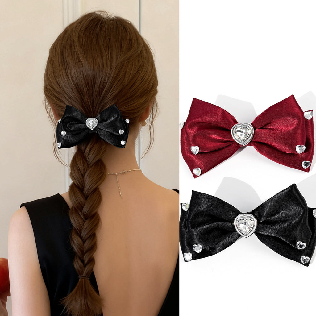 Satin Hair Clip Bow Diamond Heart-Shaped Women's Top Hair Accessory - front view