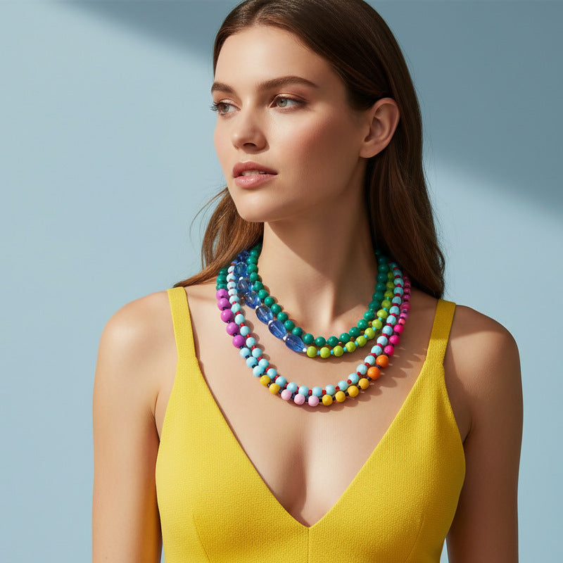 Multi-Layer Gradient Rainbow Color Beads Necklace   Sense Stacking Alloy Resin Jewelry For Women - front view