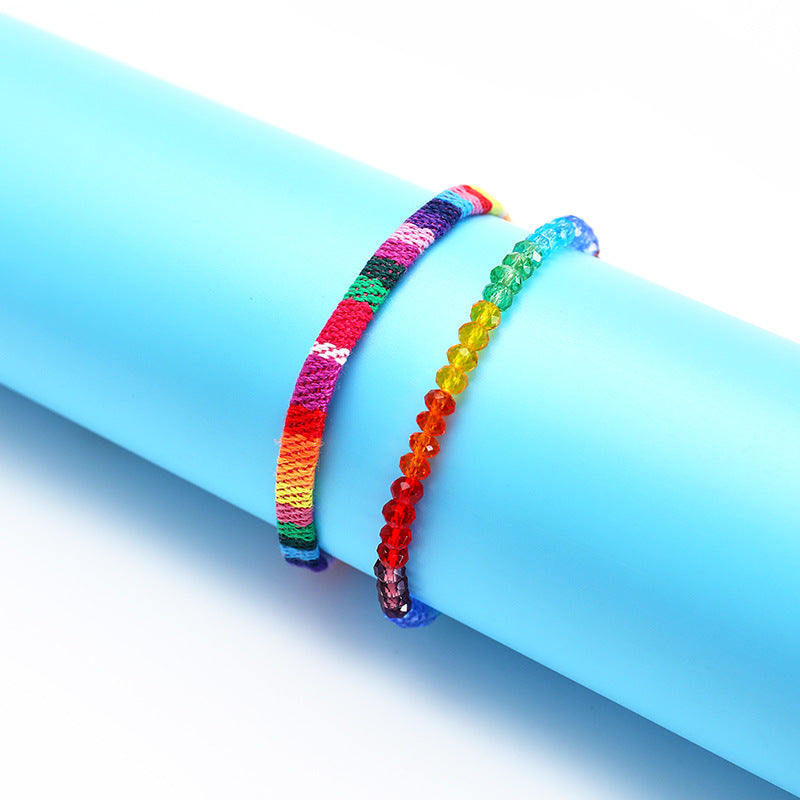 Bohemian Style Handmade Beaded Bracelet Set For Women Colorful Woven Bracelets Geometric Pattern Fabric Unisex Bracelets - front view