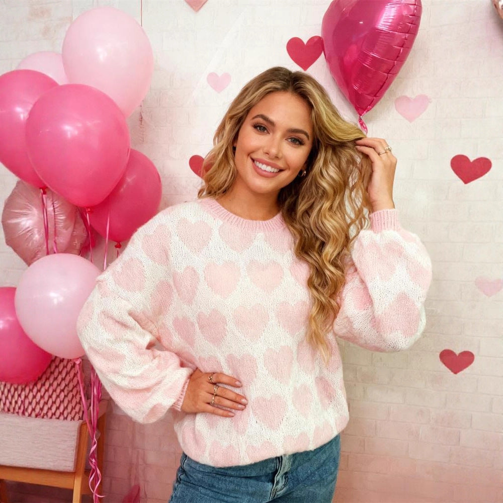 Knitted Long Sleeve Heart Sweater Casual Valentine's Day Heart Color Block Women's Top Round Neck - view 2