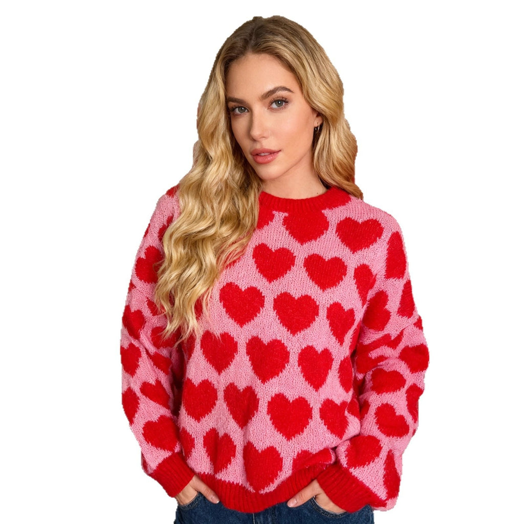 Knitted Long Sleeve Heart Sweater Casual Valentine's Day Heart Color Block Women's Top Round Neck - view 5