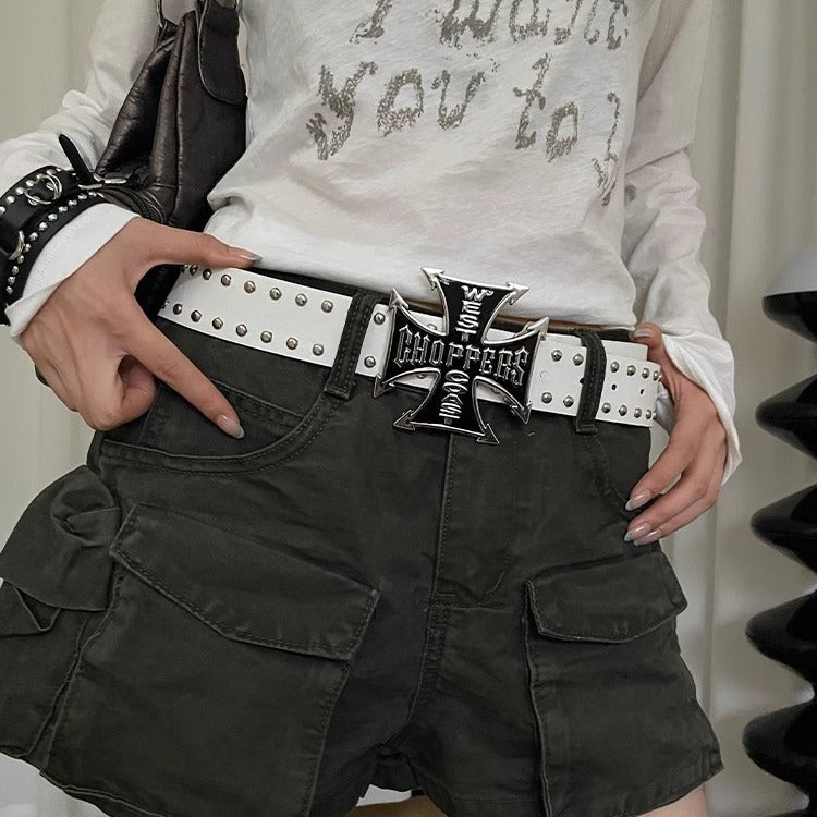 2000s Bohemian Cross Rivet Belt Women's Dress Black And Beige Faux Leather Alloy - front view