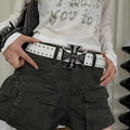 2000s Bohemian Cross Rivet Belt Women's Dress Black And Beige Faux Leather Alloy - front view