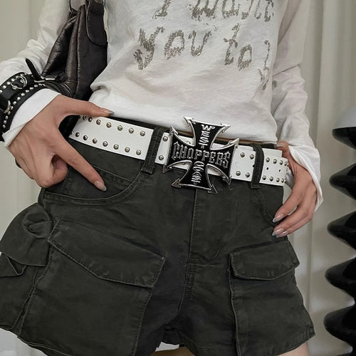 2000s Bohemian Cross Rivet Belt Women's Dress Black And Beige Faux Leather Alloy - front view