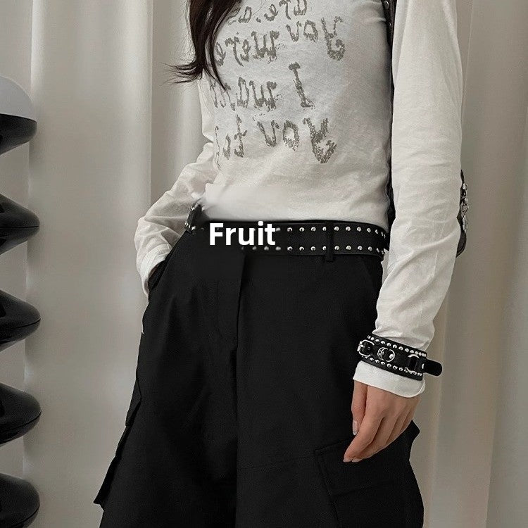 2000s Bohemian Cross Rivet Belt Women's Dress Black And Beige Faux Leather Alloy - view 2