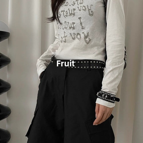 2000s Bohemian Cross Rivet Belt Women's Dress Black And Beige Faux Leather Alloy - view 2
