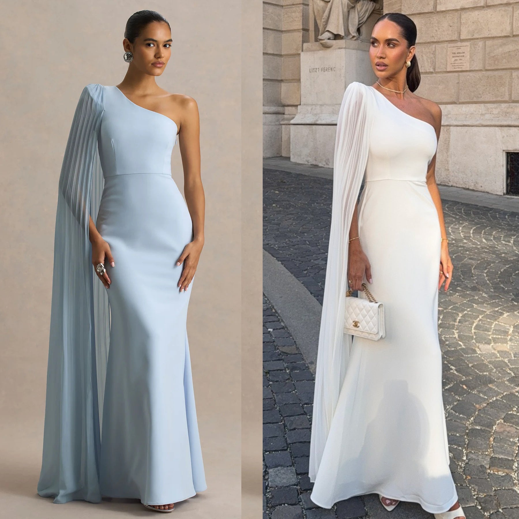 Casual Beach Vacation Long Pleated Dress  Style Shoulder Draped Women's Dress Ankle Length Polyester Fabric - front view
