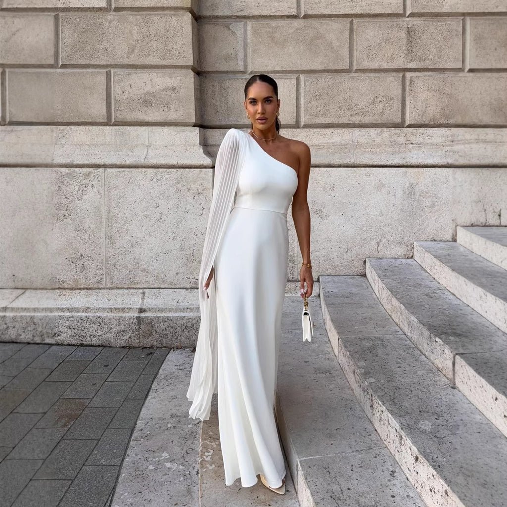 Casual Beach Vacation Long Pleated Dress  Style Shoulder Draped Women's Dress Ankle Length Polyester Fabric - view 2