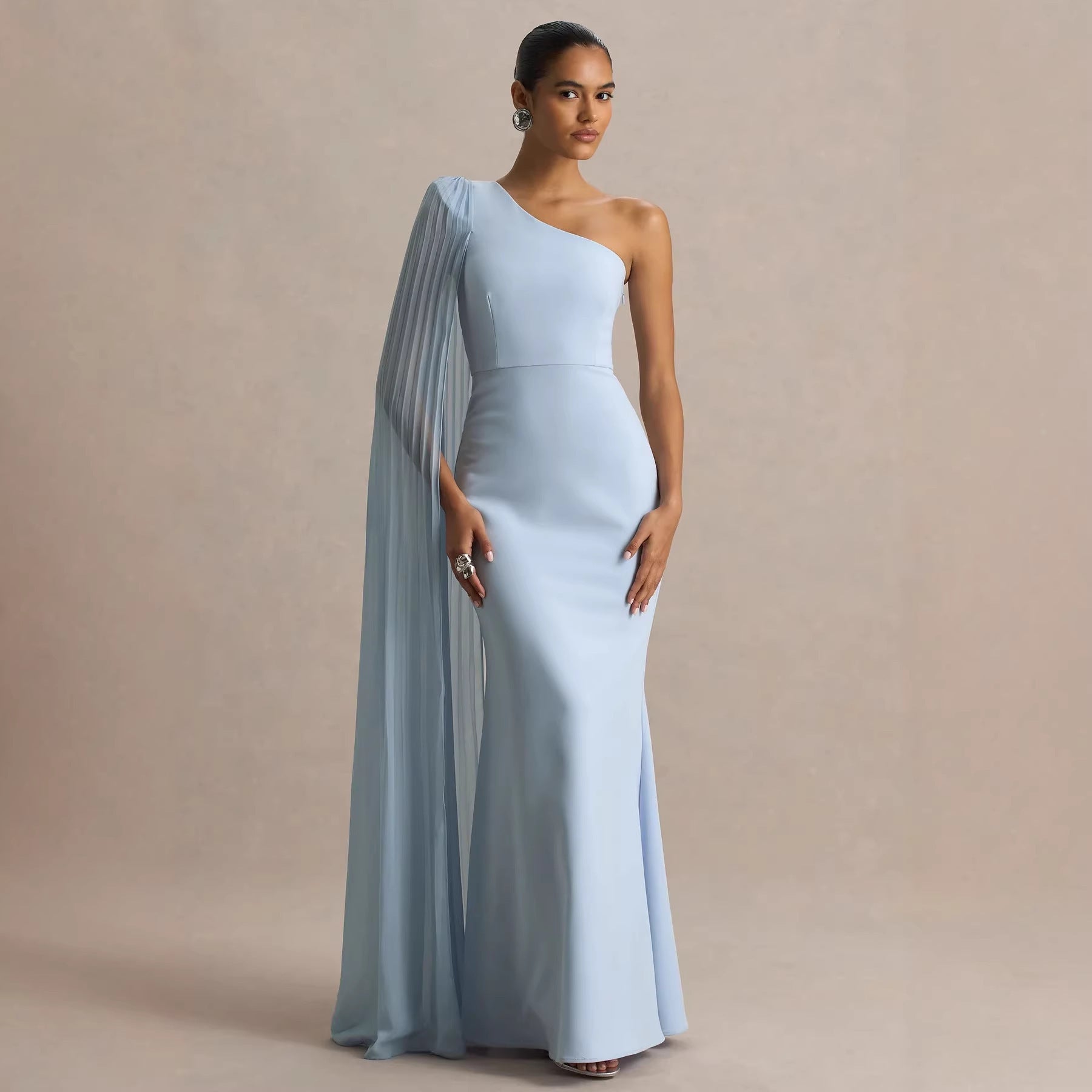 Casual Beach Vacation Long Pleated Dress  Style Shoulder Draped Women's Dress Ankle Length Polyester Fabric - view 3