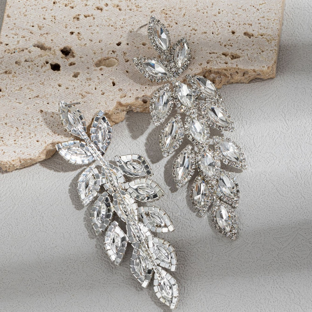 Elegant Long Leaf And Wheat Ear Cuff Full Of Diamonds Chic Style Fashion Jewelry For Women Copper Post Alloy Material Ear Studs - view 4