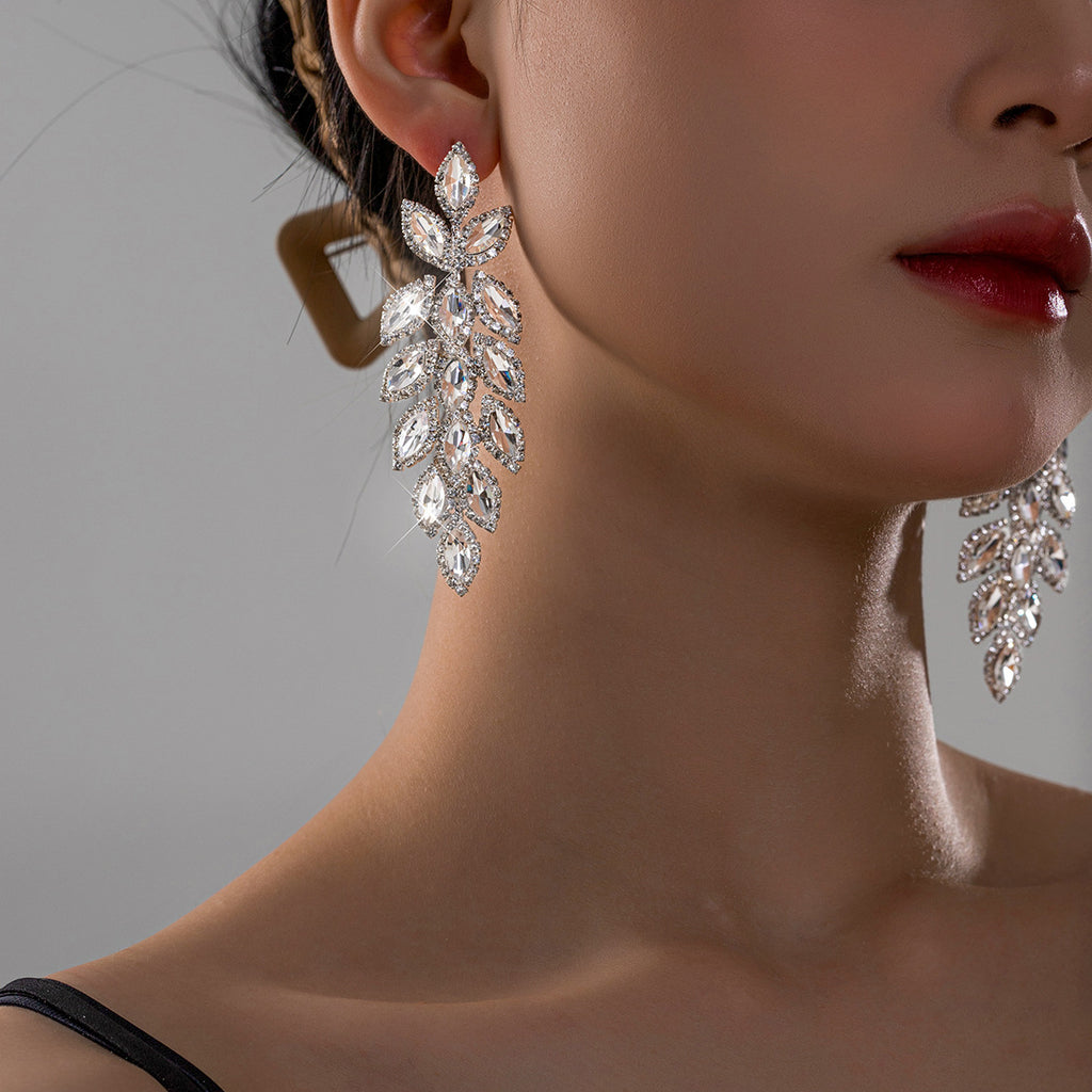 Elegant Long Leaf And Wheat Ear Cuff Full Of Diamonds Chic Style Fashion Jewelry For Women Copper Post Alloy Material Ear Studs - view 2