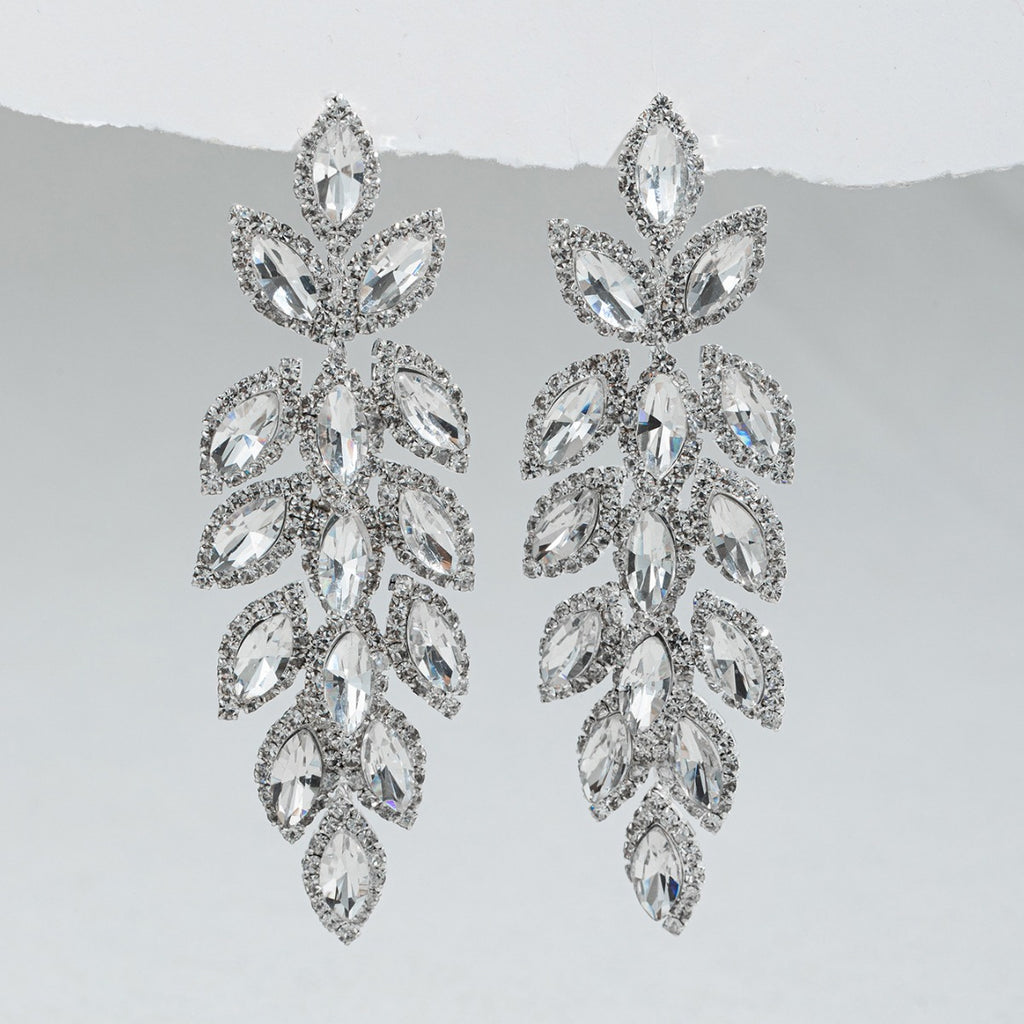 Elegant Long Leaf And Wheat Ear Cuff Full Of Diamonds Chic Style Fashion Jewelry For Women Copper Post Alloy Material Ear Studs - view 3