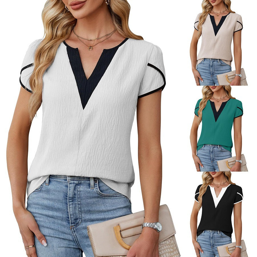 Summer Color Block V-Neck Petal Sleeve Shirt Women's Top Business Office Wear Polyester Spandex Shirt - front view