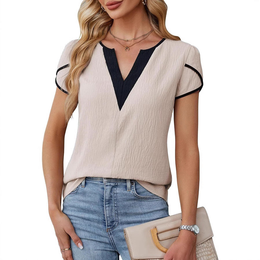 Summer Color Block V-Neck Petal Sleeve Shirt Women's Top Business Office Wear Polyester Spandex Shirt - view 2