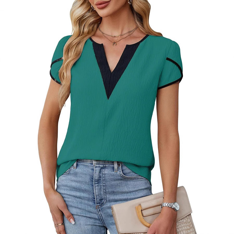 Summer Color Block V-Neck Petal Sleeve Shirt Women's Top Business Office Wear Polyester Spandex Shirt - view 3