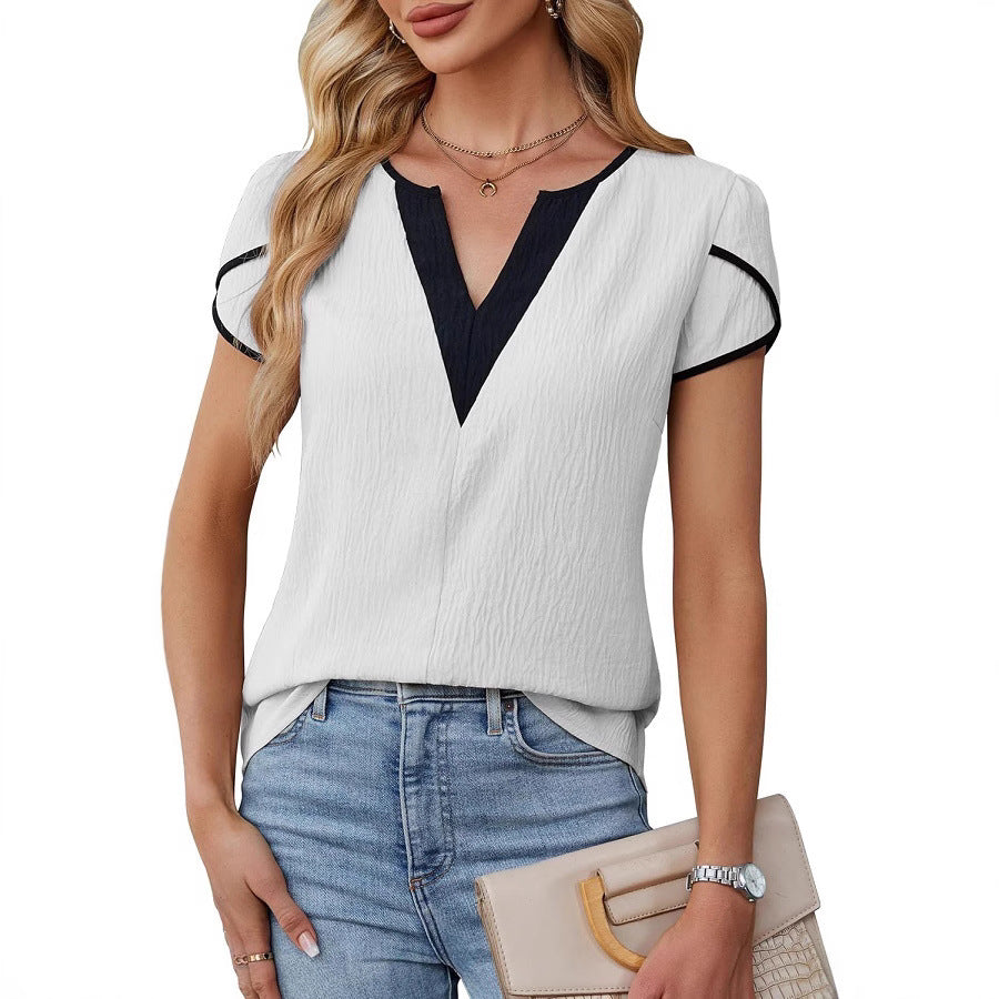 Summer Color Block V-Neck Petal Sleeve Shirt Women's Top Business Office Wear Polyester Spandex Shirt - view 4