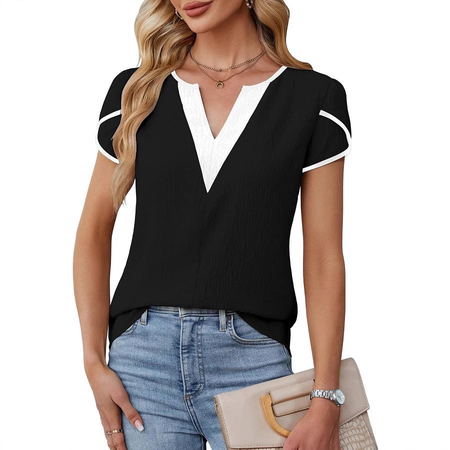 Summer Color Block V-Neck Petal Sleeve Shirt Women's Top Business Office Wear Polyester Spandex Shirt - view 5