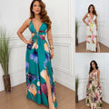 Summer Floral Print Loose Women's Dress Casual V-Neck Sleeveless Floor-Length Ankle-Length Split Party Dress - front view