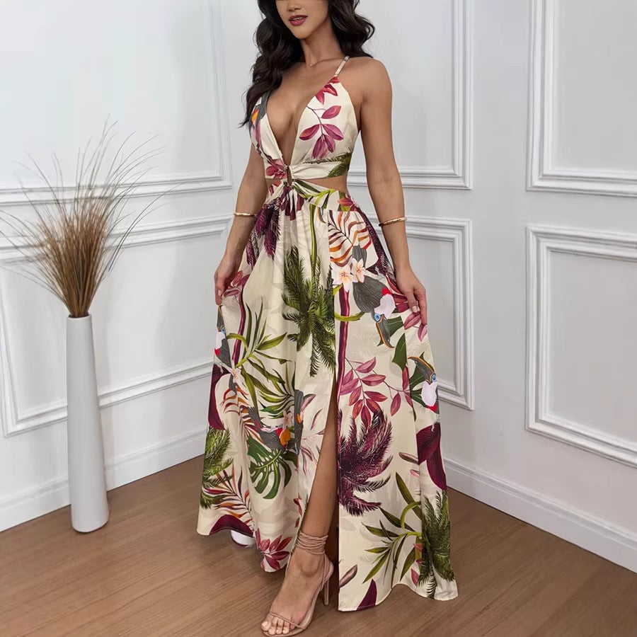 Summer Floral Print Loose Women's Dress Casual V-Neck Sleeveless Floor-Length Ankle-Length Split Party Dress - view 3
