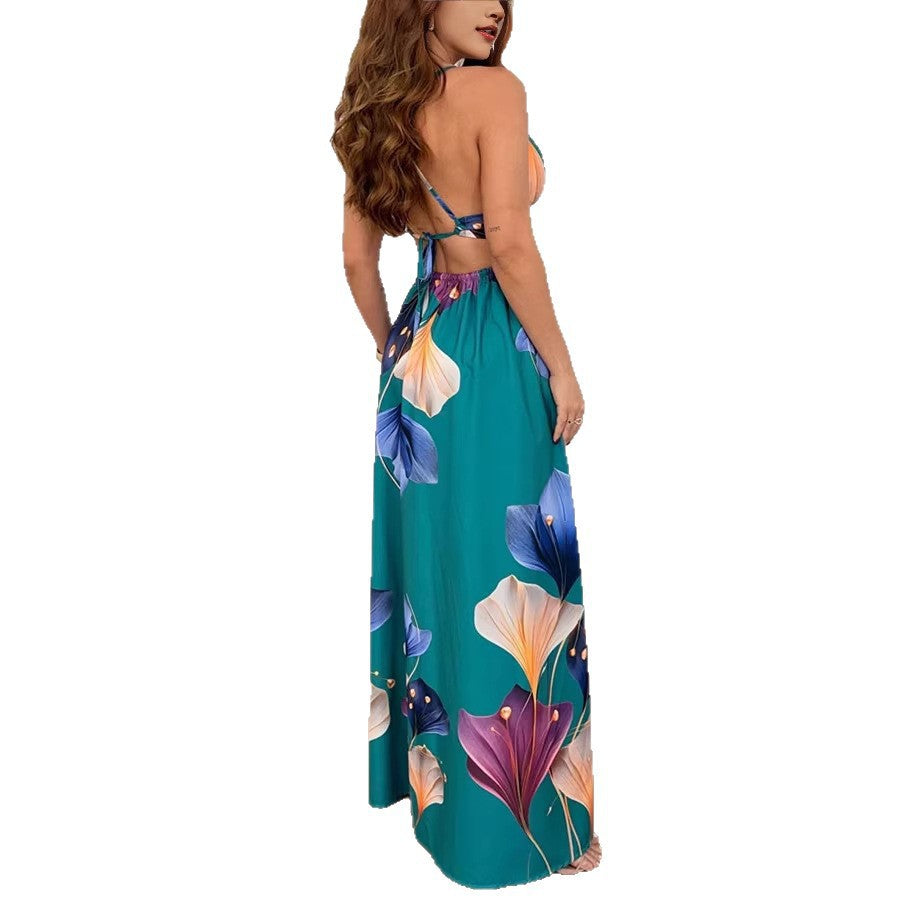 Summer Floral Print Loose Women's Dress Casual V-Neck Sleeveless Floor-Length Ankle-Length Split Party Dress - view 5