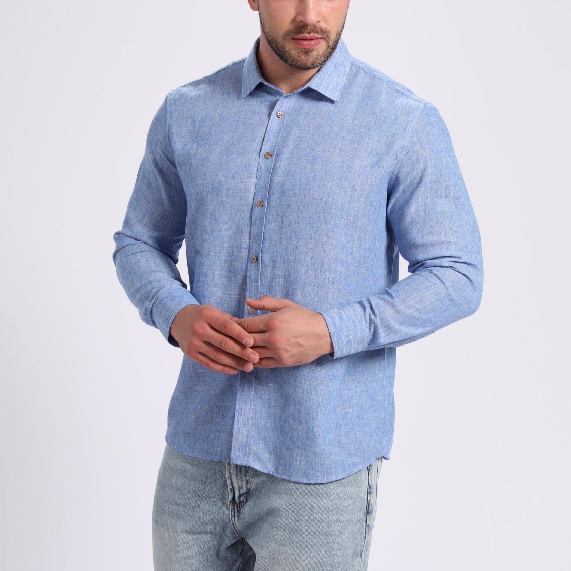 Stripe Men's Shirt In Linen Type Cloth With Long Sleeve For Stylish Comfort - view 2