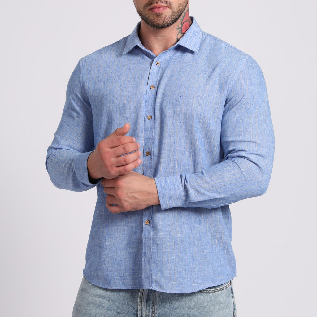 Stripe Men's Shirt In Linen Type Cloth With Long Sleeve For Stylish Comfort - front view